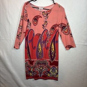 London Times Paisley Sheath Dress Womens 10 Coral Red Excellent 3/4 Sleeve Boho